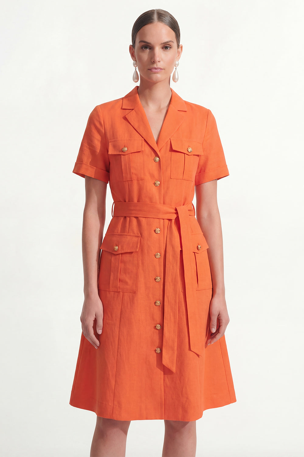Notched Lapel A Line Orange Short Sleeve Midi Work Dress with Sash