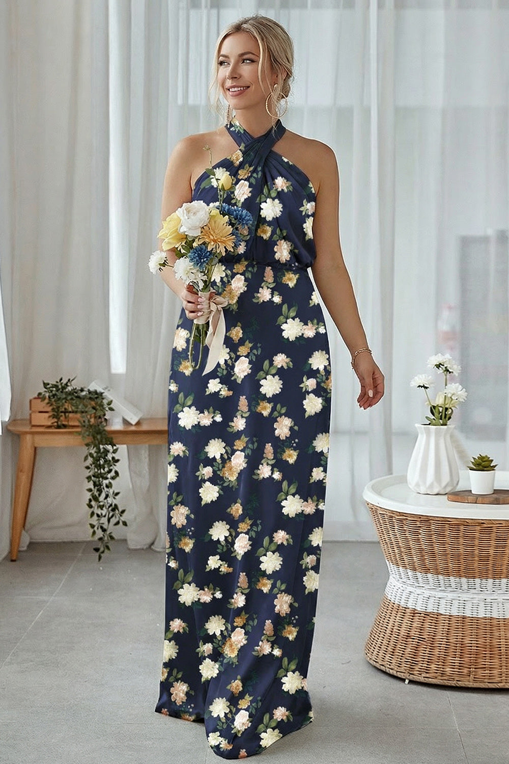 Halter Blue White Floral Plus Size Sheath Bridesmaid Dress
