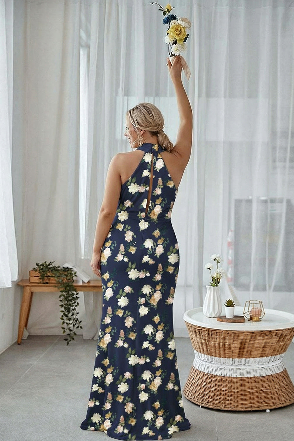 Halter Blue White Floral Plus Size Sheath Bridesmaid Dress