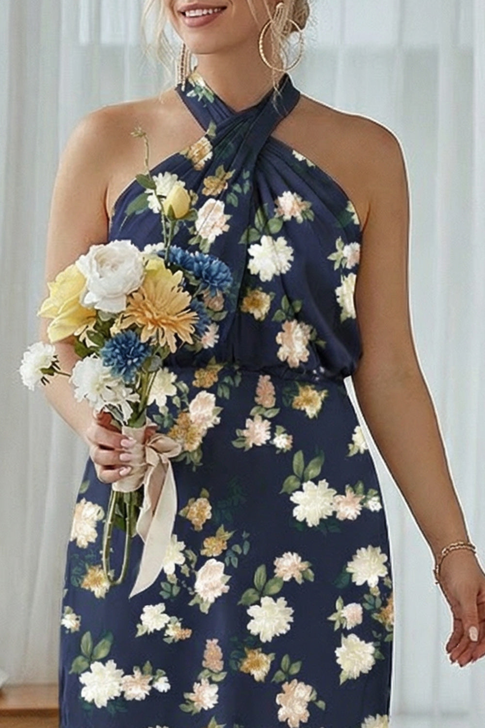 Halter Navy Bloom Sheath Plus Size Bridesmaid Dress