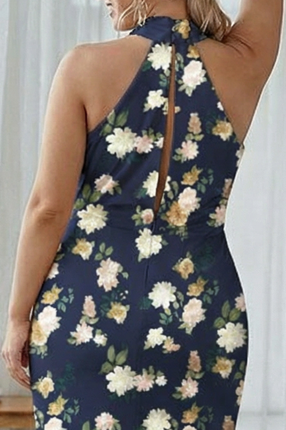 Halter Blue White Floral Plus Size Sheath Bridesmaid Dress