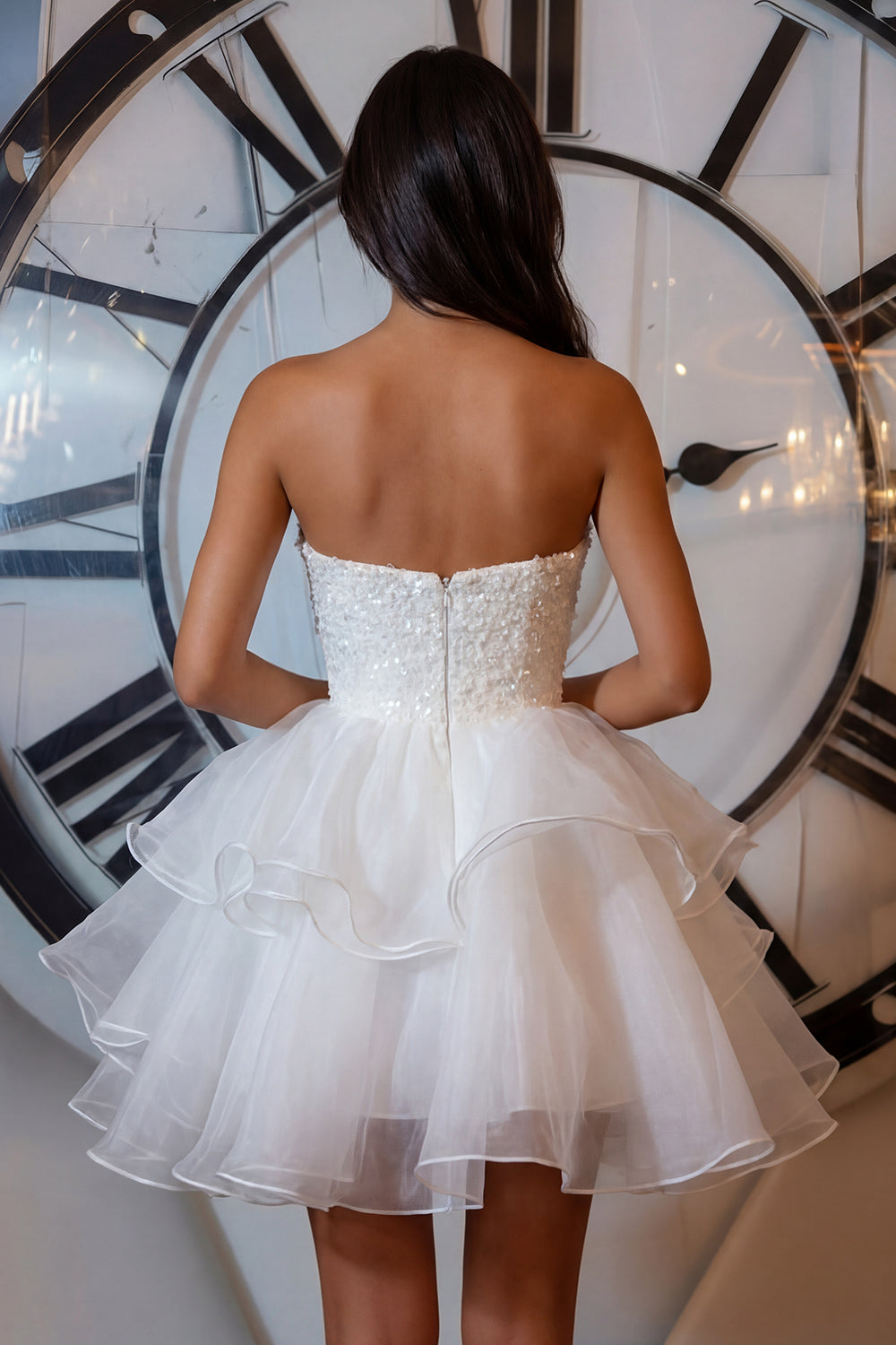 White Tiered Strapless Homecoming Dress with Sequins