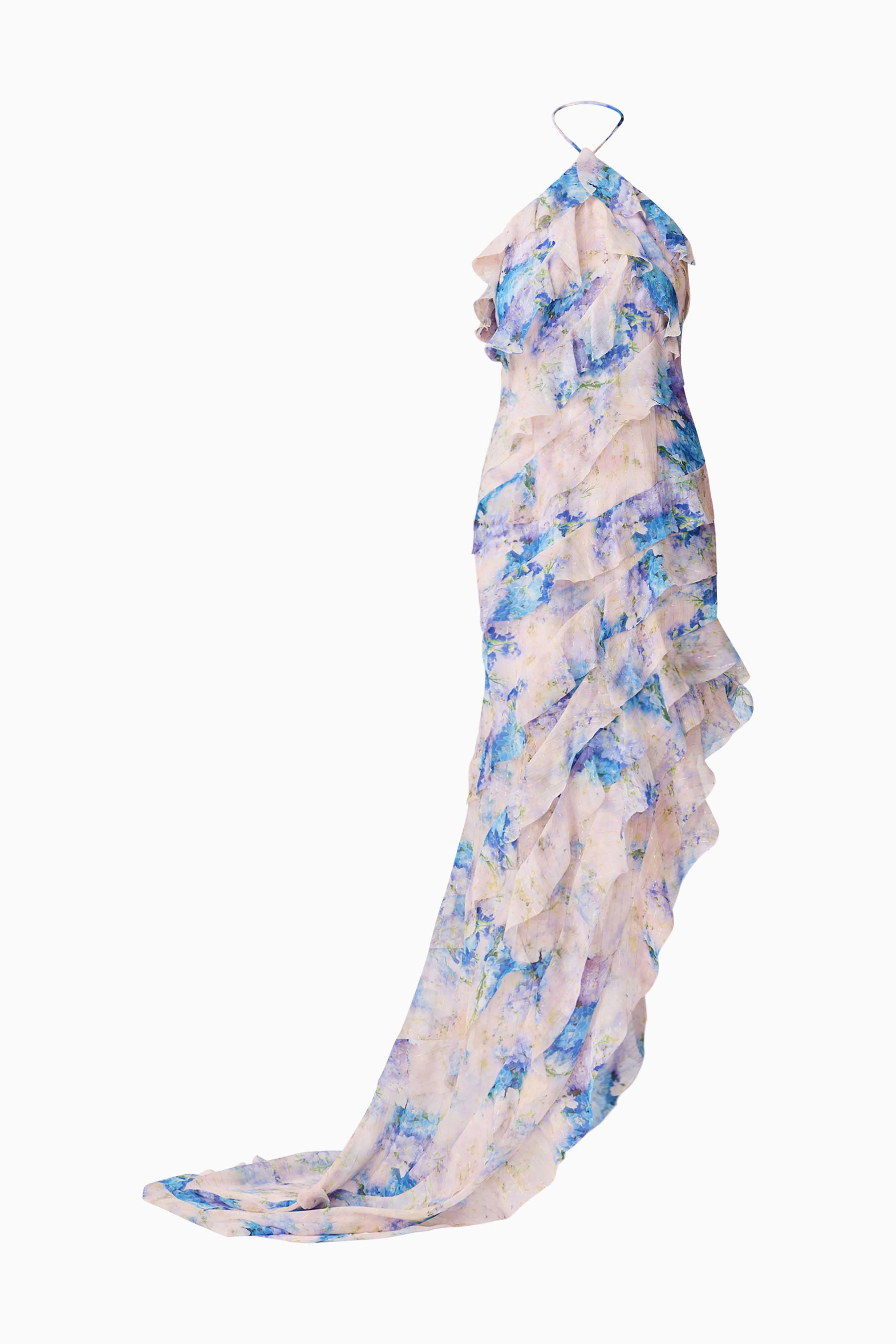 Briony Asymmetrical Maxi Dress in Pink & Blue Floral