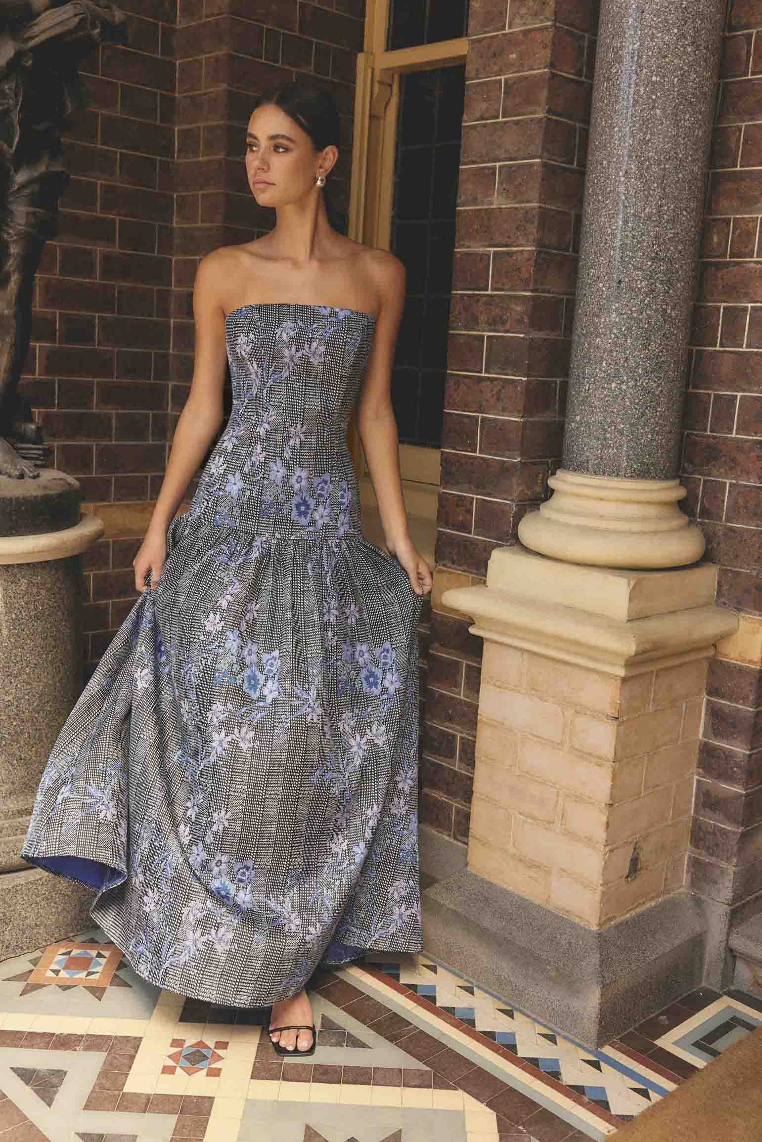 Allana Jacquard Strapless Gown in Black & Blue Floral