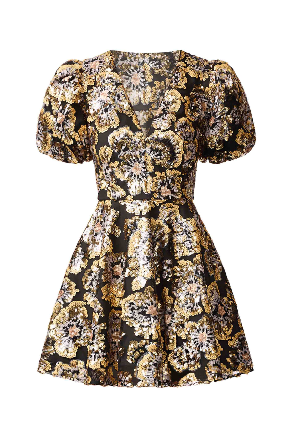 Celeste Puff Sleeve Mini Dress in Black and Gold