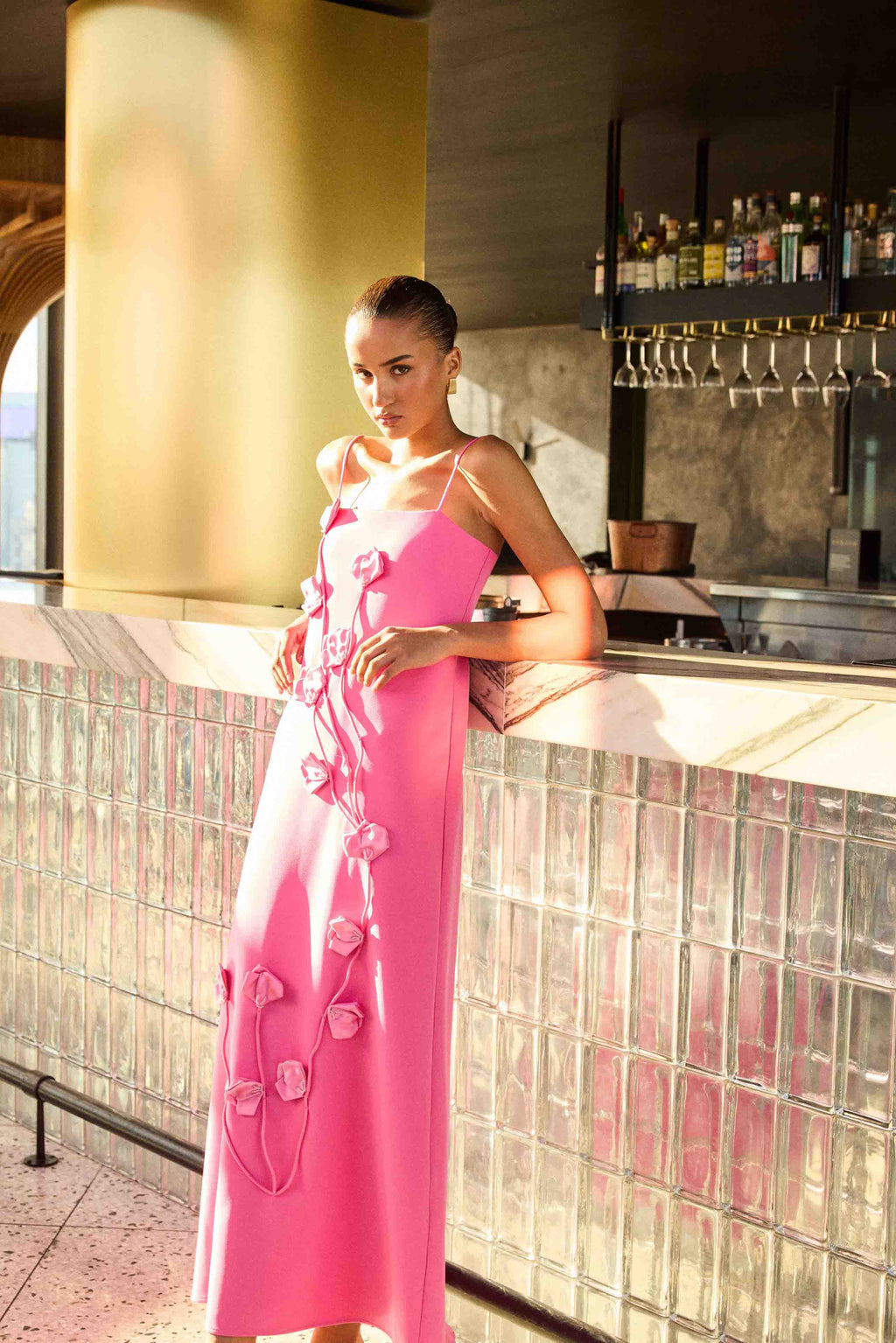 Nolana Floral Applique Gown in Pink