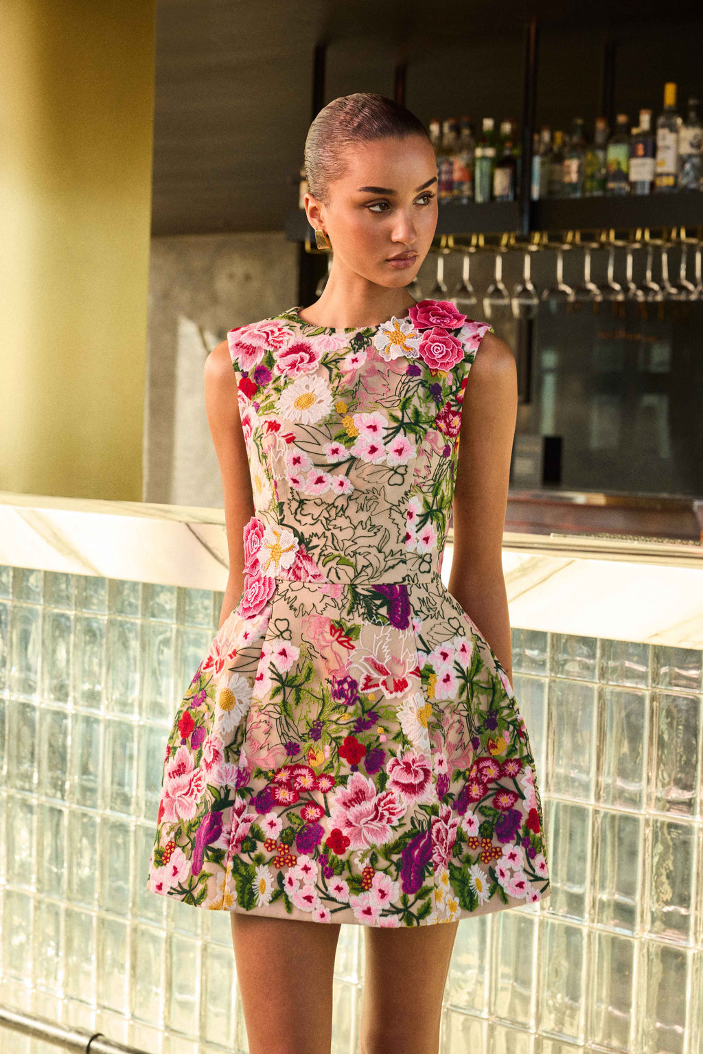 Flora Tulip Mini Dress in Pink & Green Floral