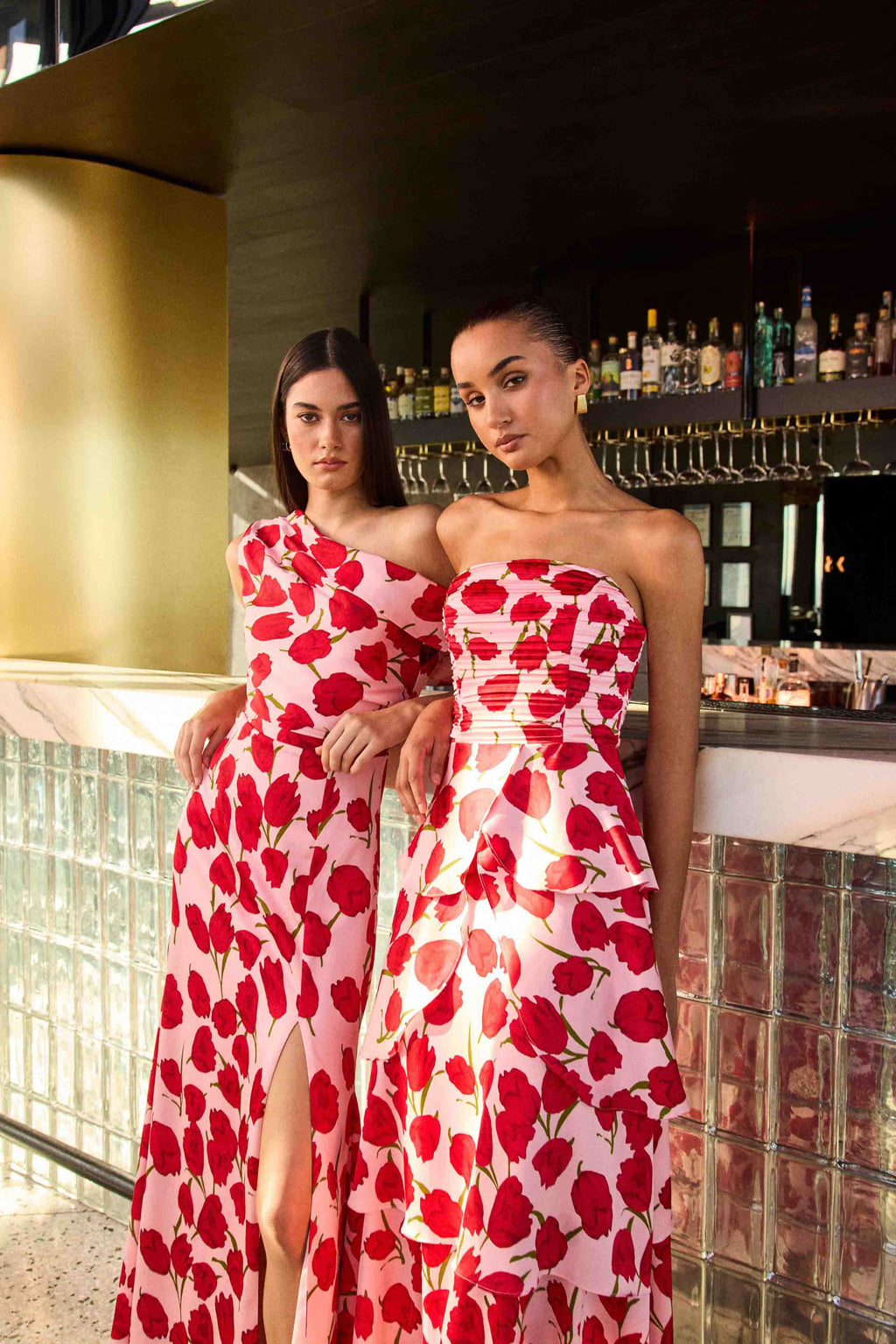 Melia Tiered Gown in Pink & Red Floral