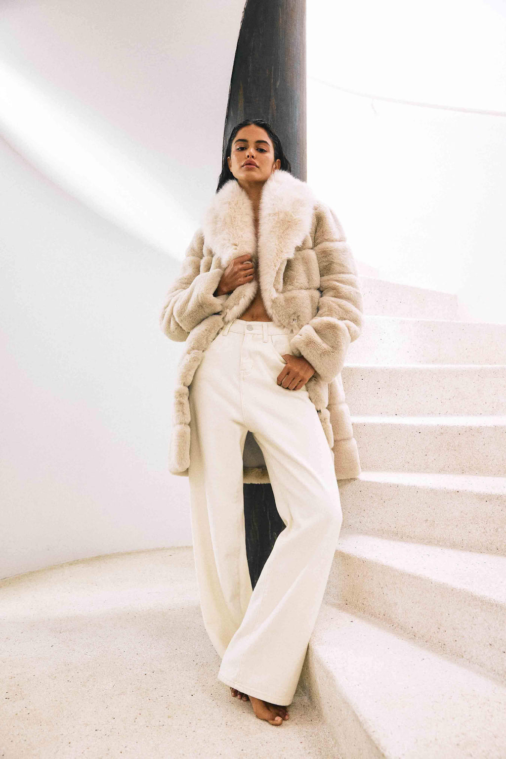 Keystone Faux Fur Coat in Beige