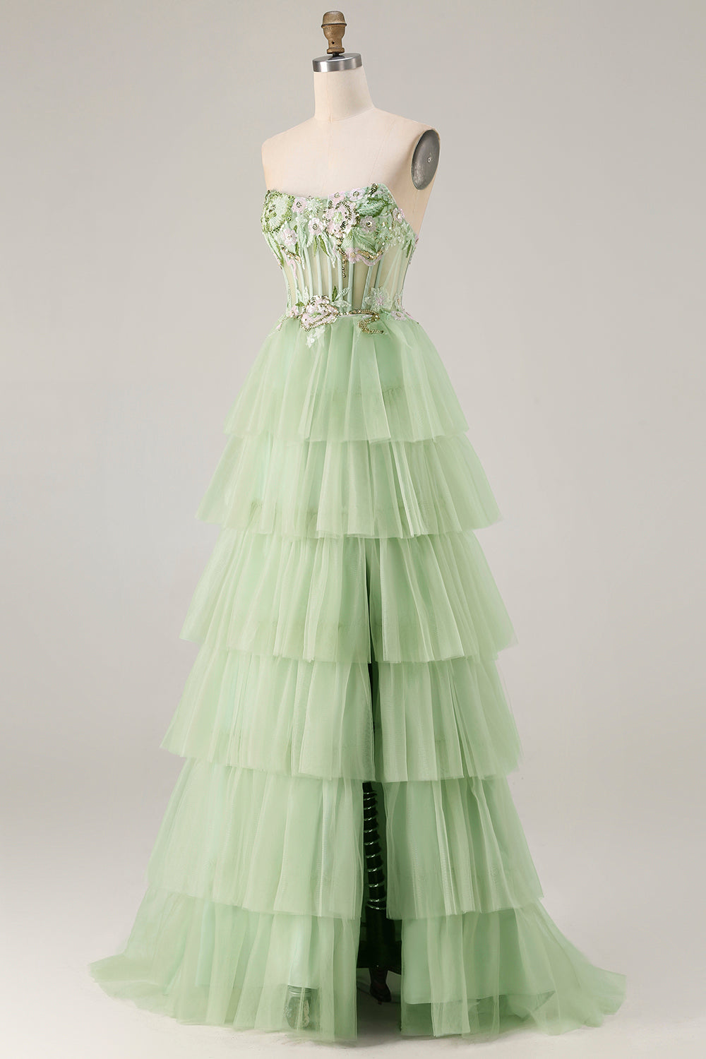 Fuchsia Strapless Tiered A-Line Corset Prom Dress With Slit