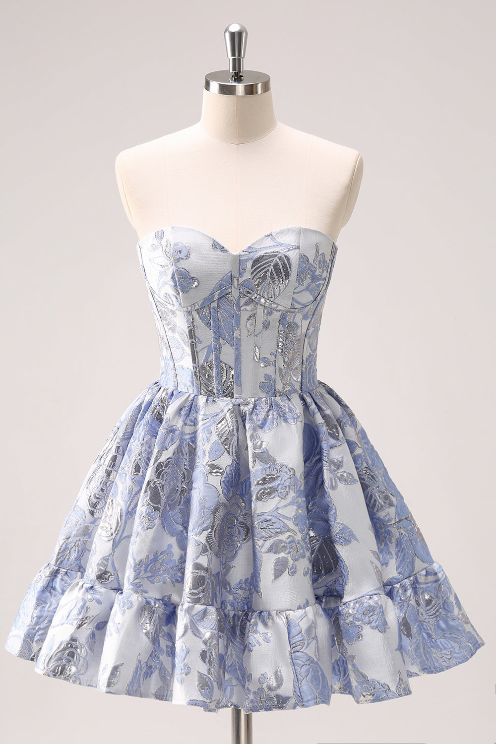Blue Floral Strapless A-Line Corset Homcoming Dress