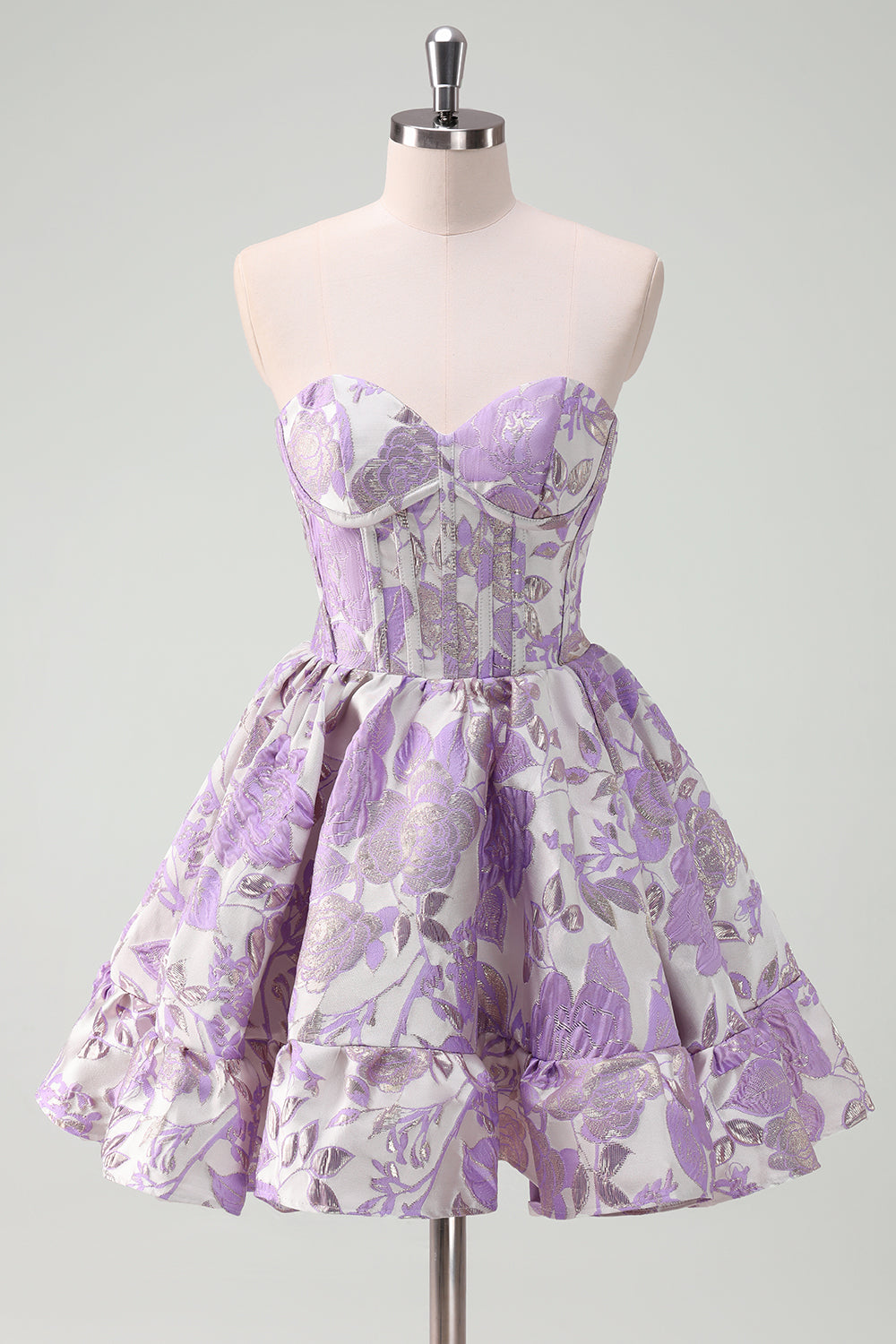 Beauty Blue A Line Pleated Strapless Corset Floral Mini Dress