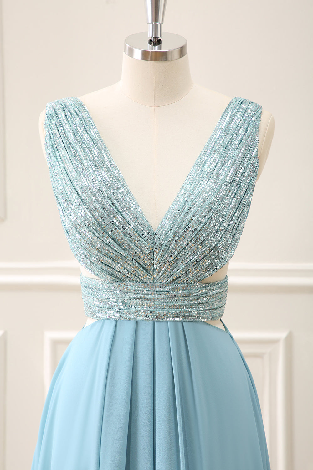 Sparkly Grey Green A Line V Neck Sequined Maxi Dress
