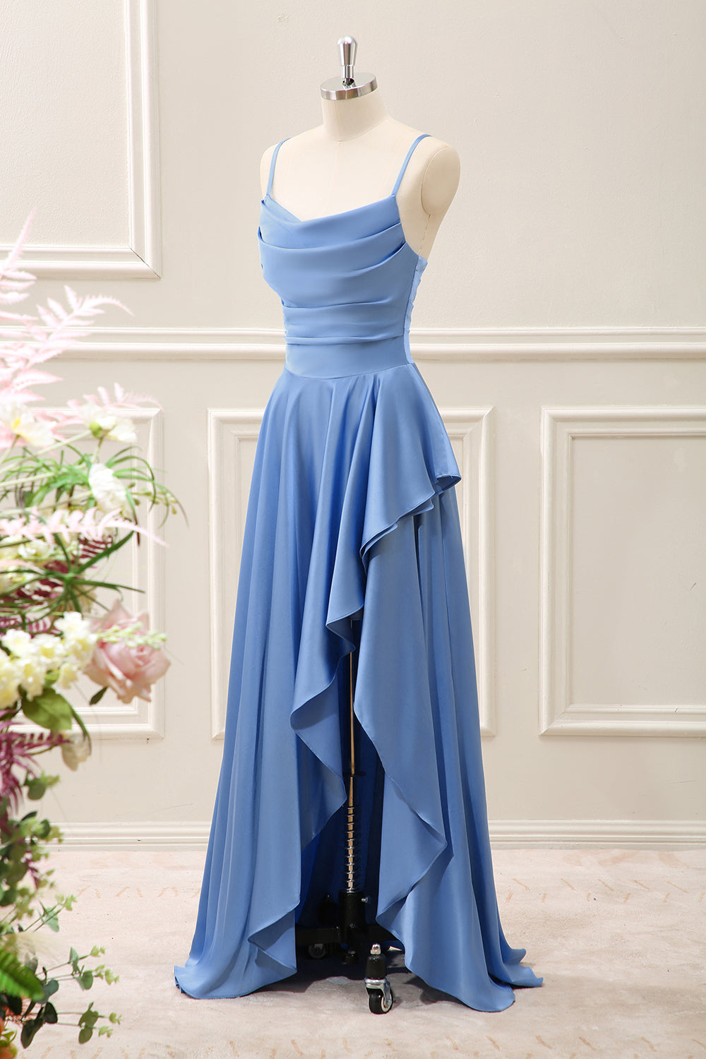 Blue A Line Ruffled Cowl Neck Asymmetrical Dress