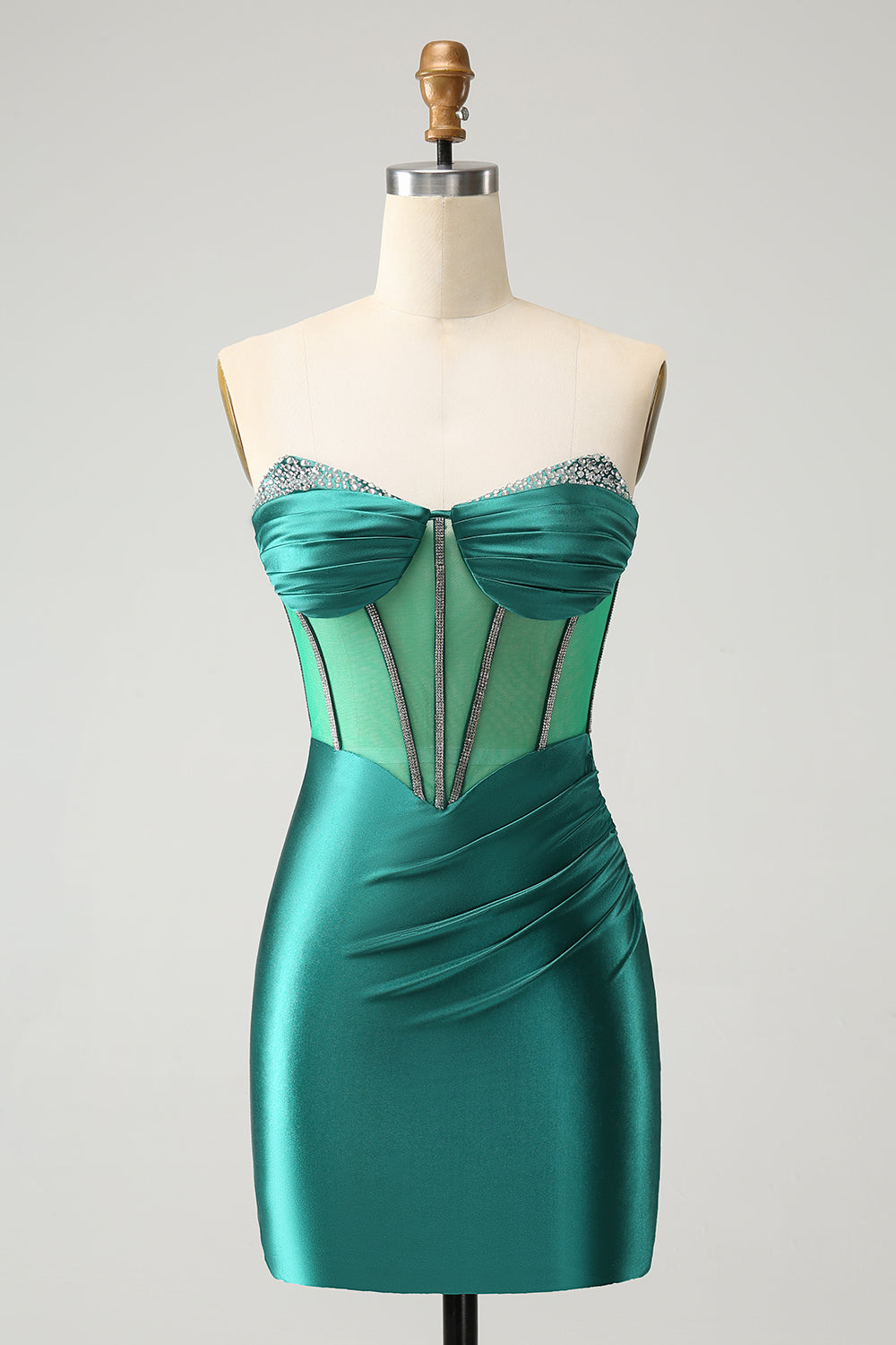 Glitter Dark Green Strapless Corset Tight Mini Dress with Beading