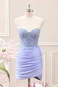 Lilac Strapless Ruched Corset Homecoming Dress with Appliques