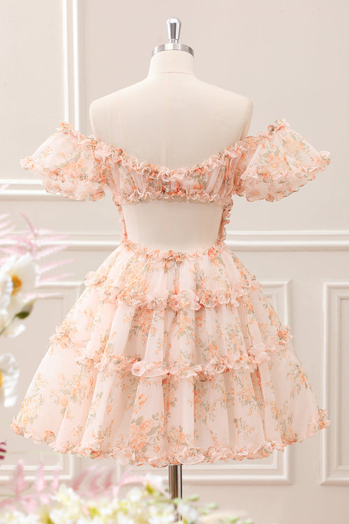 Yellow A-Line Ruffled Floral Print Mini Dress