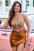 Unique Copper Strapless Beaded Corset Pleated Mini Dress