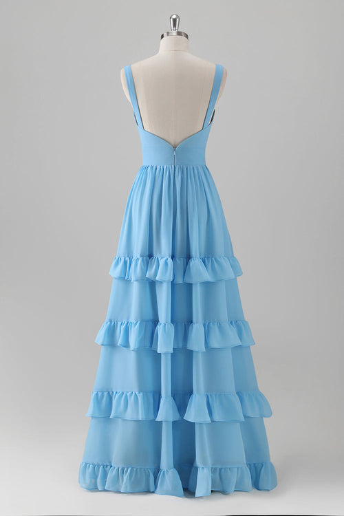 Blue Chiffon Tiered Ruffles Backless Bridesmaid Dress