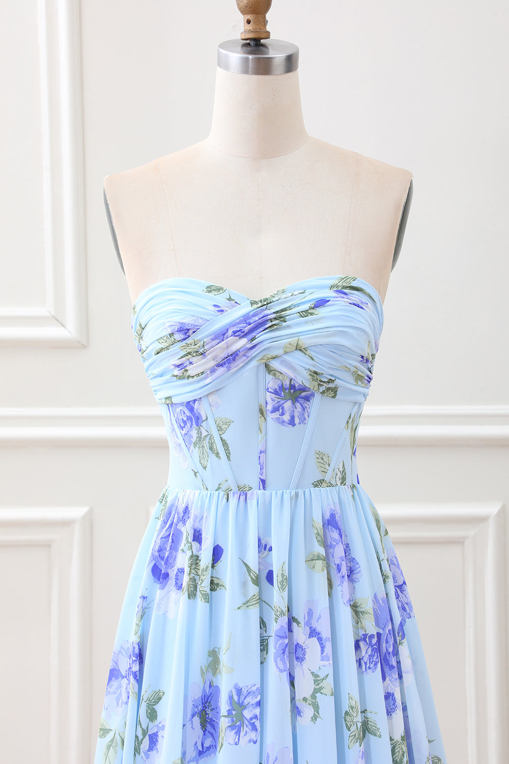 Blue Floral A Line Sweetheart Strapless Pleated Maxi Dress
