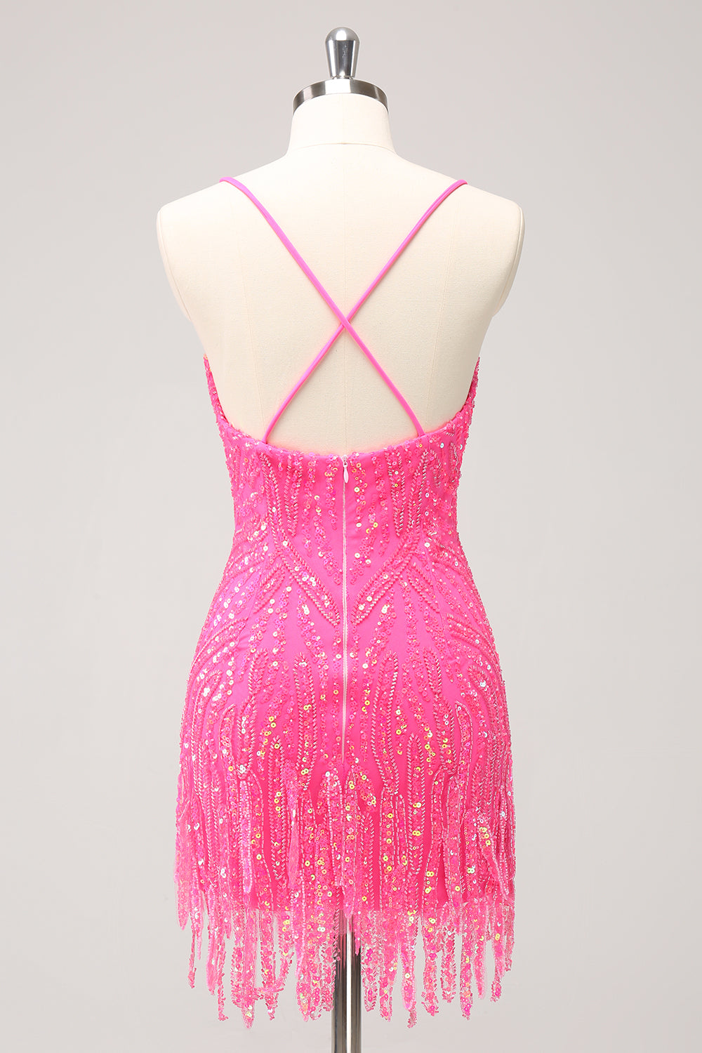 Sparkly Hot Pink Tight Sequins V Neck Mini Dress with Fringes
