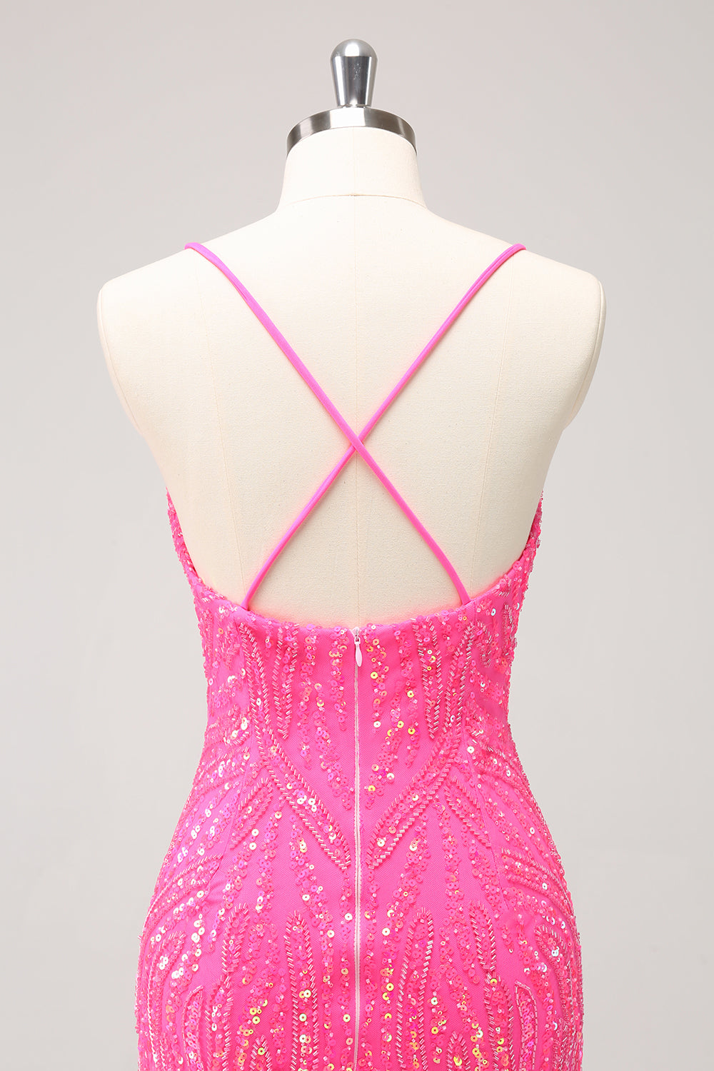 Sparkly Hot Pink Tight Sequins V Neck Mini Dress with Fringes