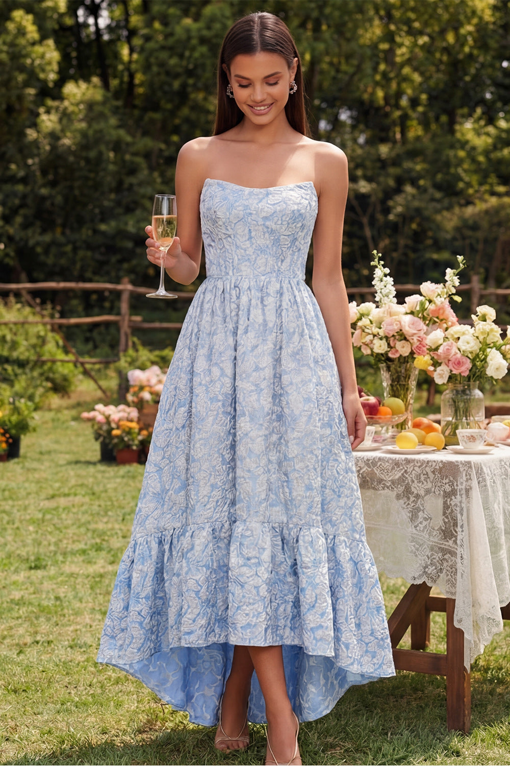 Blue Floral Strapless A-Line High Low Bridesmaid Dress