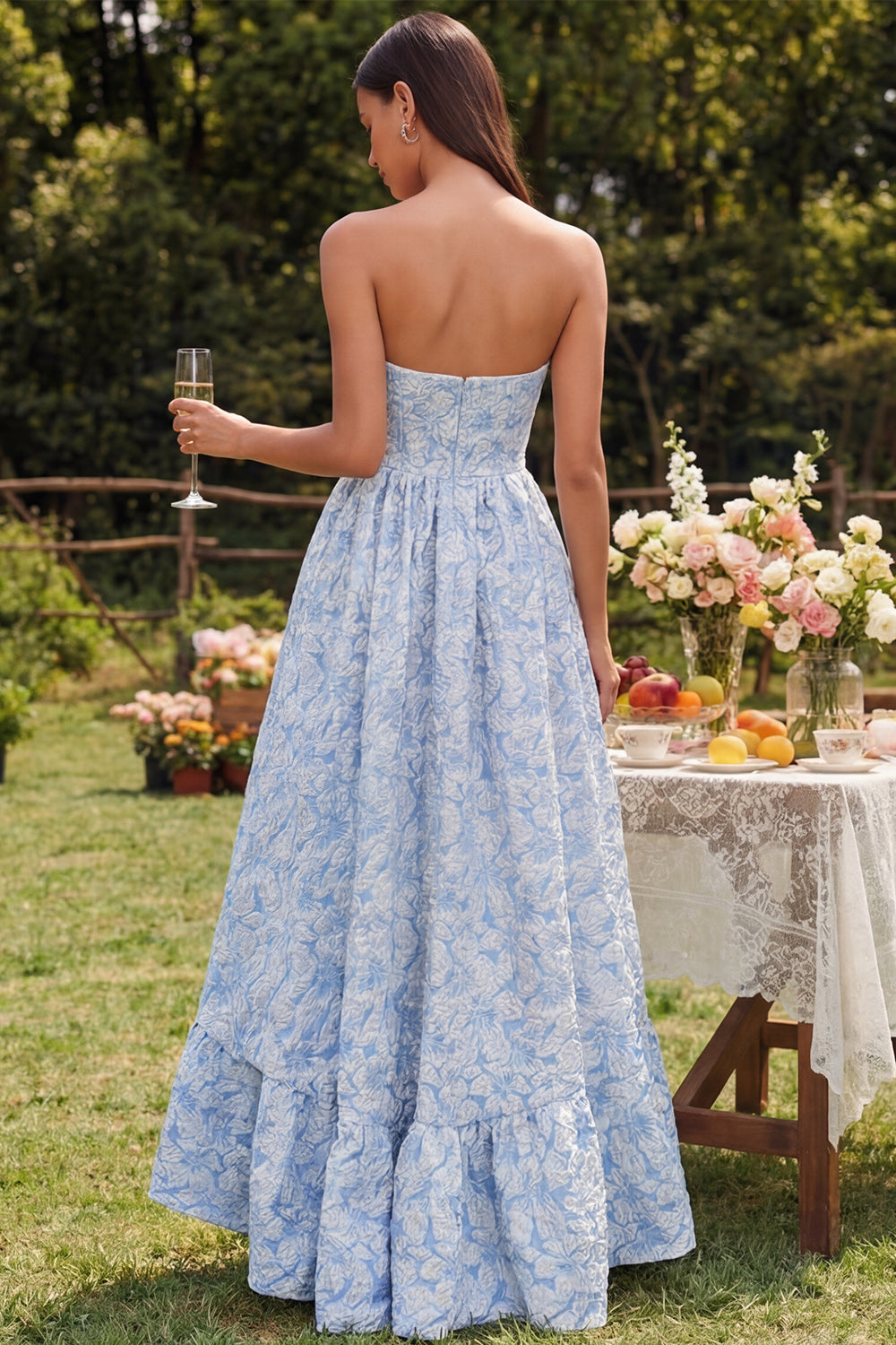 Blue Floral Strapless A-Line High Low Bridesmaid Dress