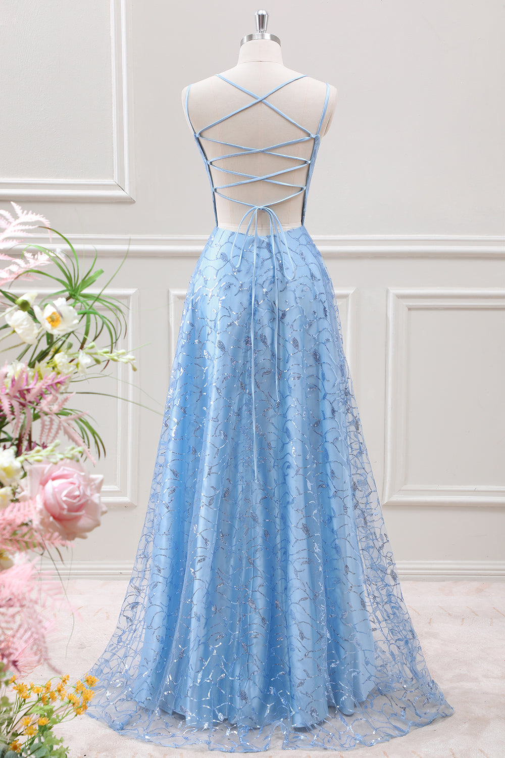 Sparkly Blue A Line Lace-up Back Maxi Dress with Slit
