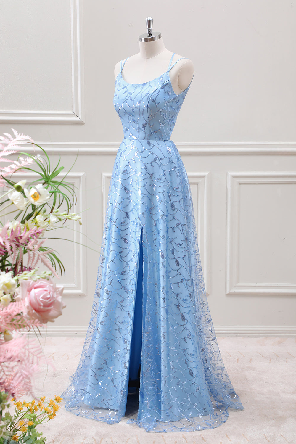 Sparkly Blue A Line Lace-up Back Maxi Dress with Slit