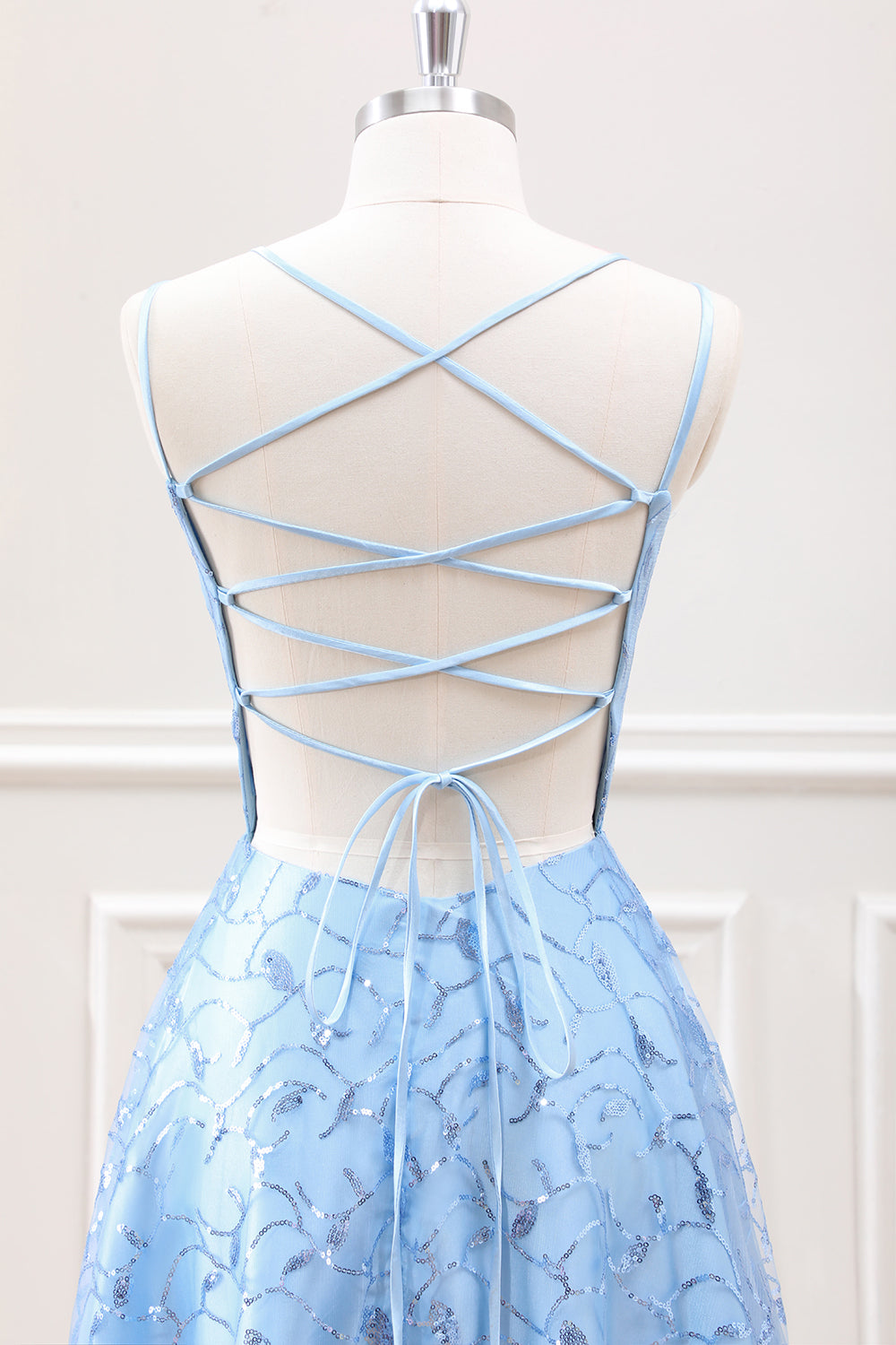 Sparkly Blue A Line Lace-up Back Maxi Dress with Slit