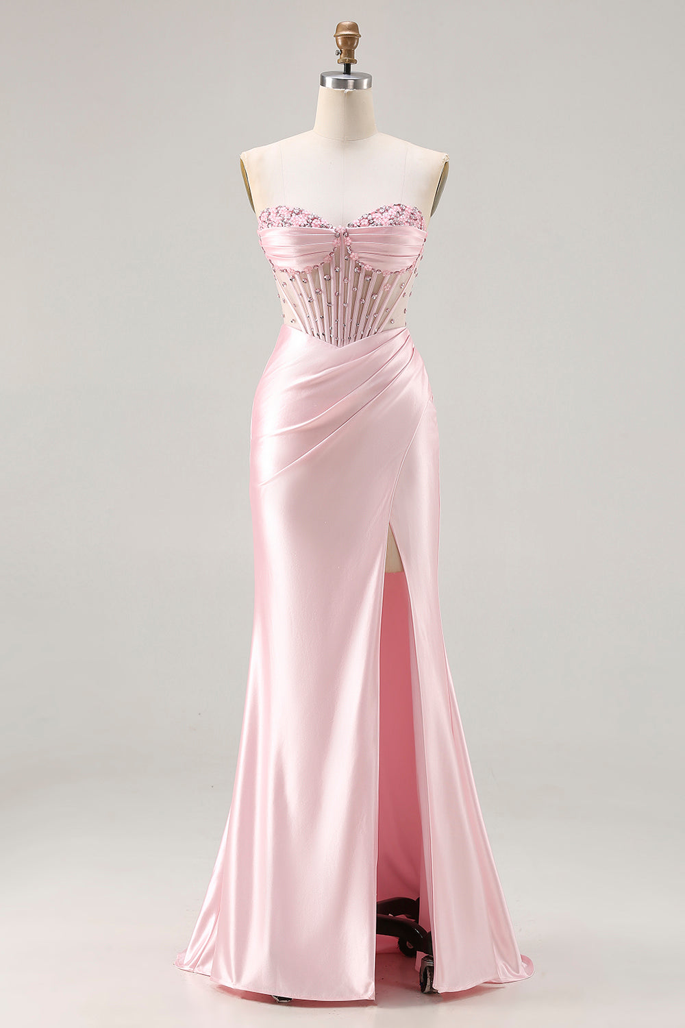 Strapless Mermaid Beaded Corset Pink Prom Dress With Slit