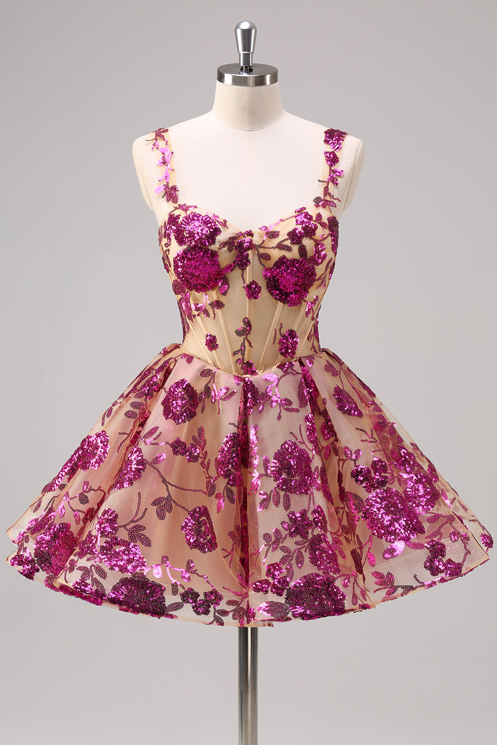 Sparkly White A-Line Floral Corset Mini Dress