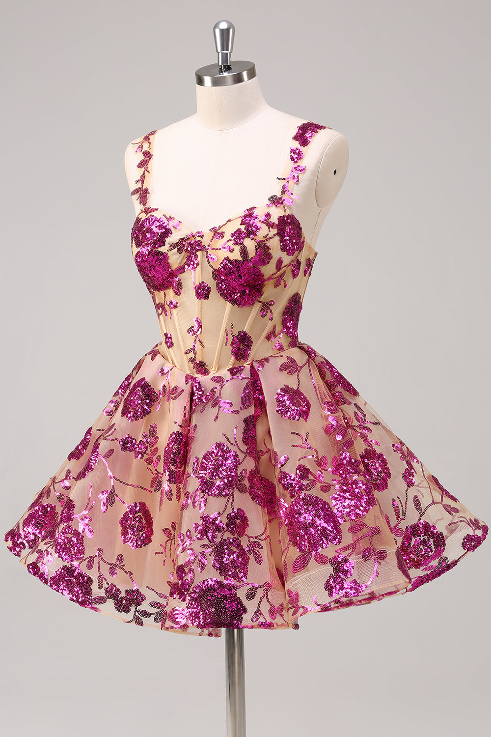 Sparkly White A-Line Floral Corset Mini Dress