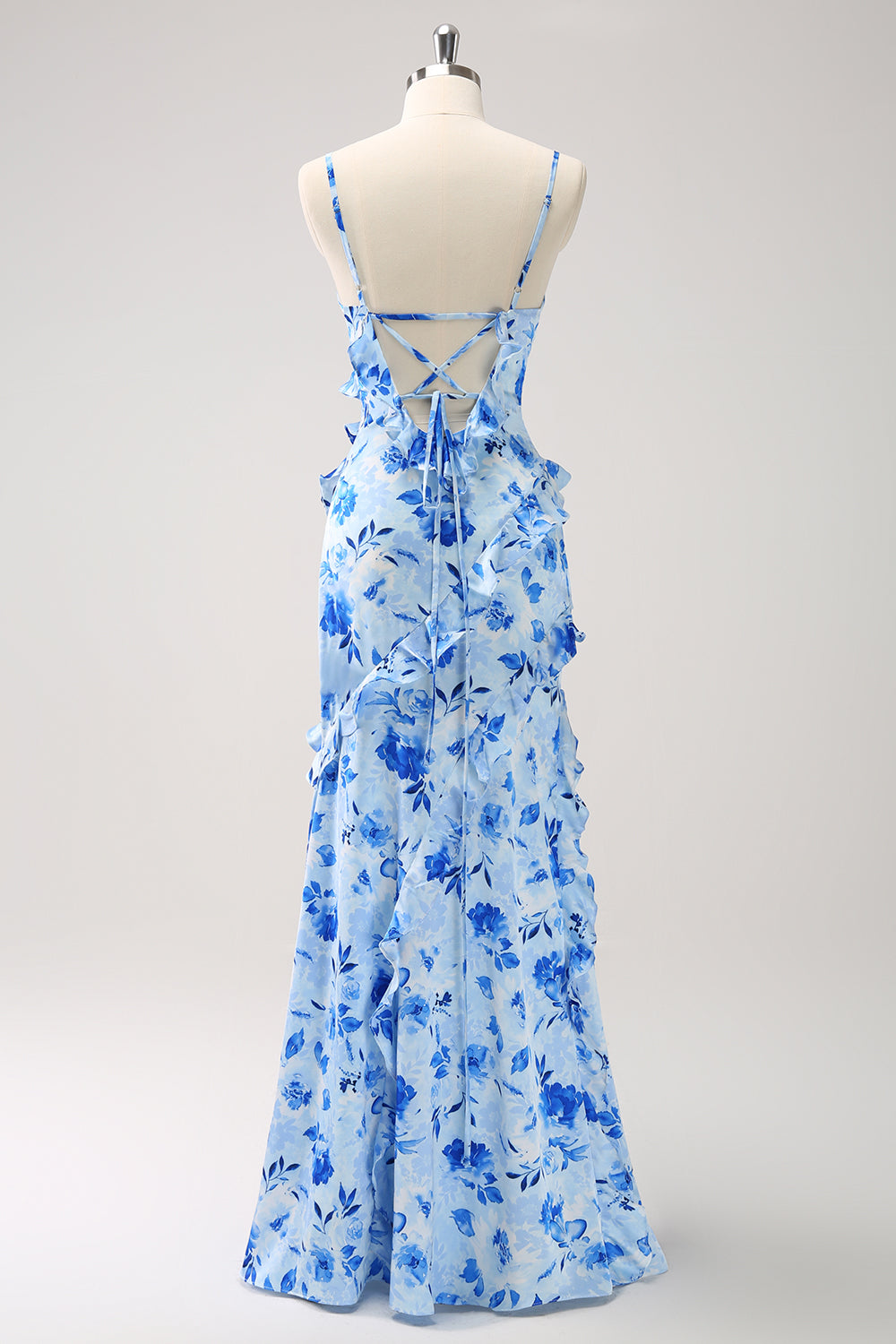 Blue Sheath Floral Ruffles Maxi Dress with Slit