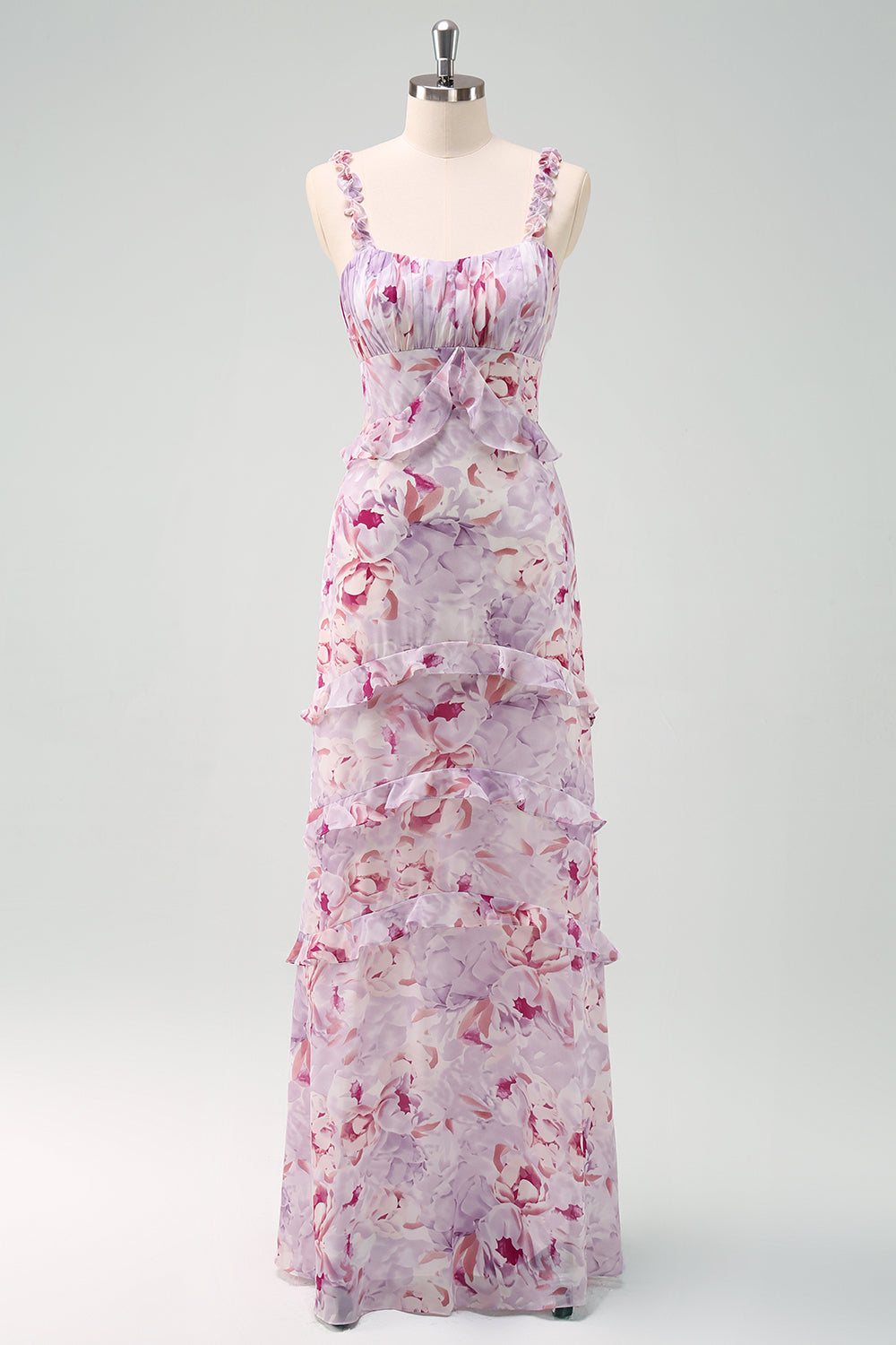 Grey Purple Sheath Floral Maxi Dress with Ruffles