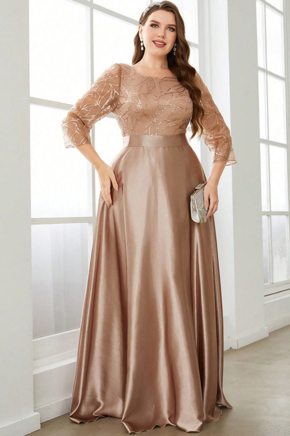 Plus Size Champagne Sequins Round Neck Maxi Dress with Sleeves
