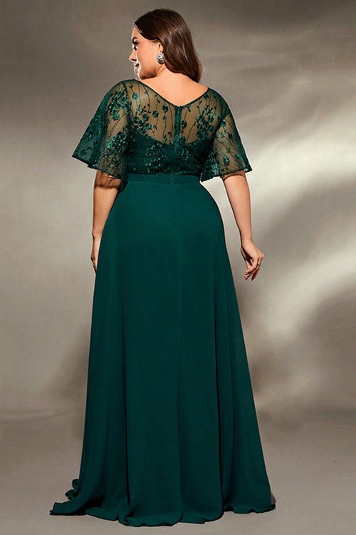 Plus Size Dark Green Embroidered A Line V Neck Maxi Dress with Half Sleeves