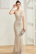 Sparkly Silver Mermaid V Neck Backless Maxi Dress
