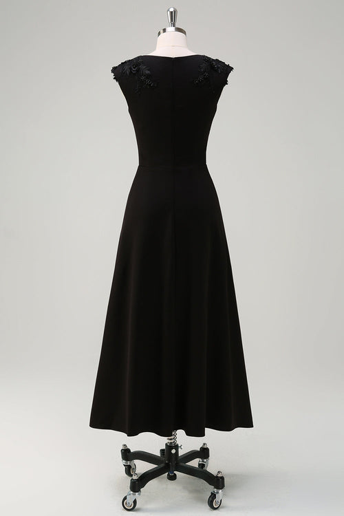 Black V Neck A Line Tea-Length Dress with Appliques