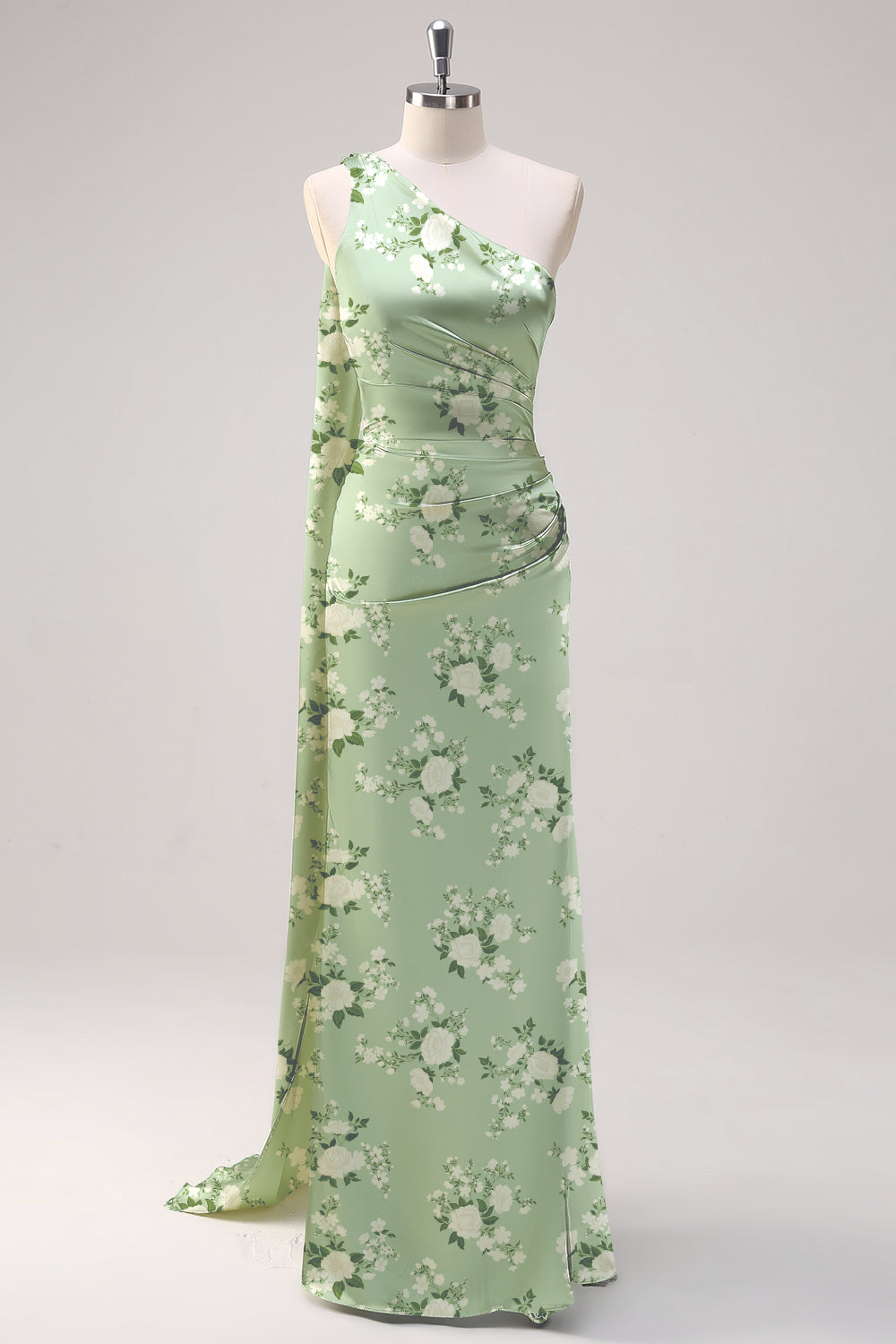 One Shoulder Sage Floral Sheath Ruched Maxi Dress with Streamer