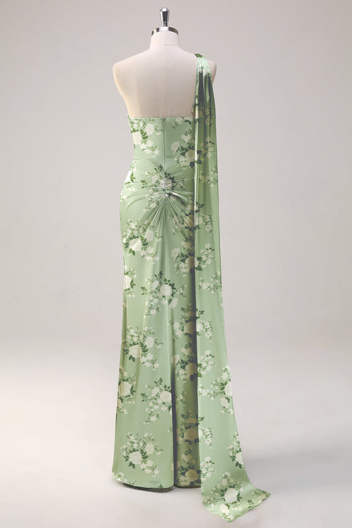 One Shoulder Sage Floral Sheath Ruched Maxi Dress with Streamer
