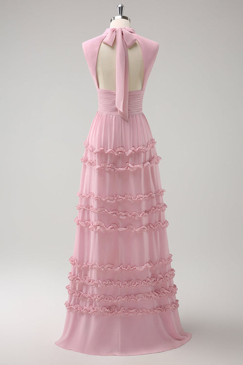 Blush Ruffled Chiffon A Line Bridesmaid Dress with Open Back