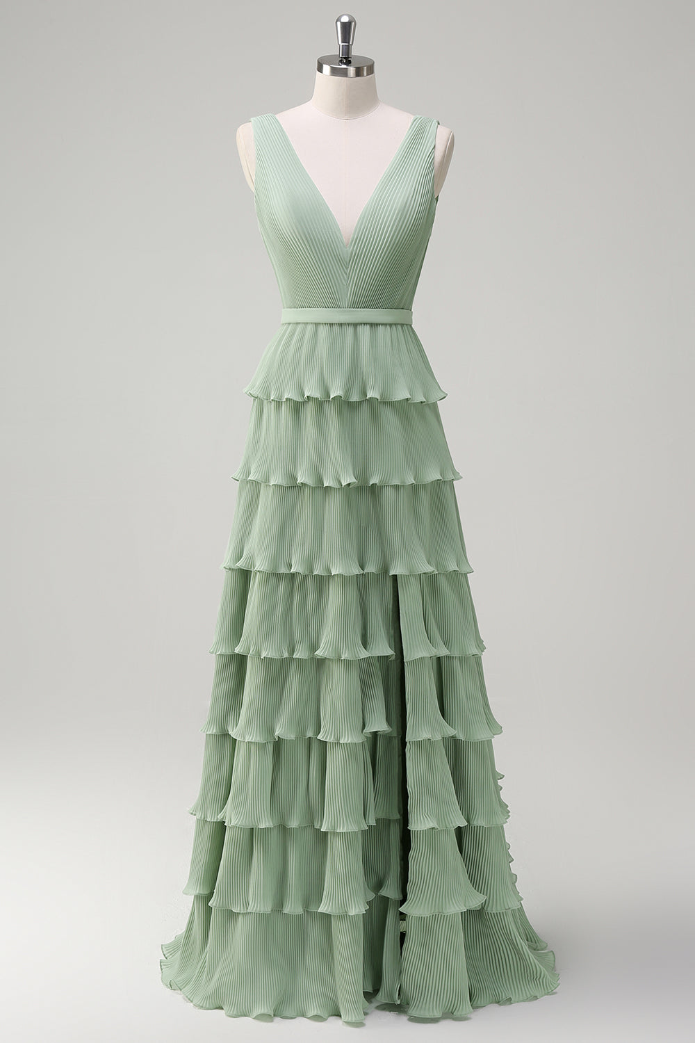 Dusty Sage Tiered Ruffle V Neck Bridesmaid Dress with Slit