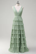 Dusty Sage Tiered Ruffle V Neck Bridesmaid Dress with Slit