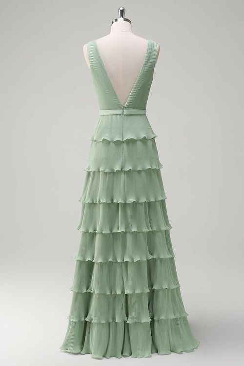 Dusty Sage Tiered Ruffle V Neck Bridesmaid Dress with Slit