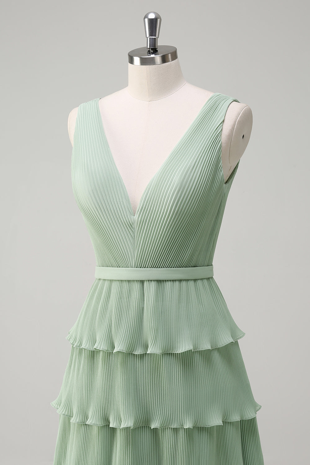Dusty Sage Tiered Ruffle V Neck Bridesmaid Dress with Slit