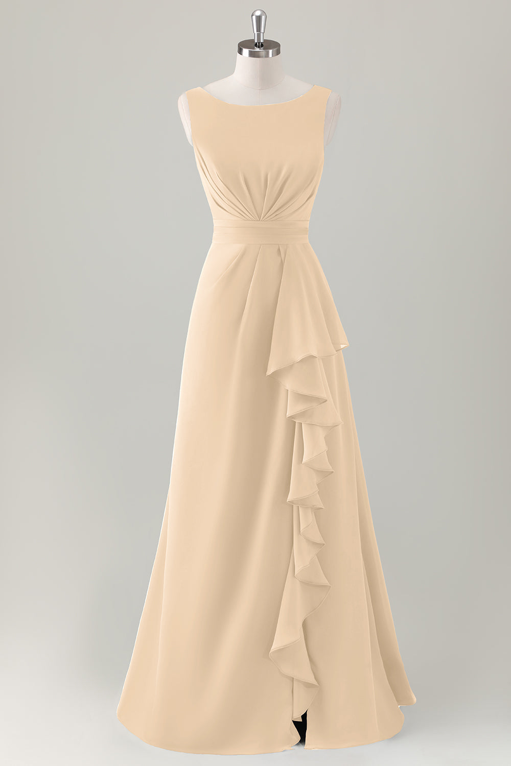 Dark Blue Ruffled A Line Chiffon Maxi Dress