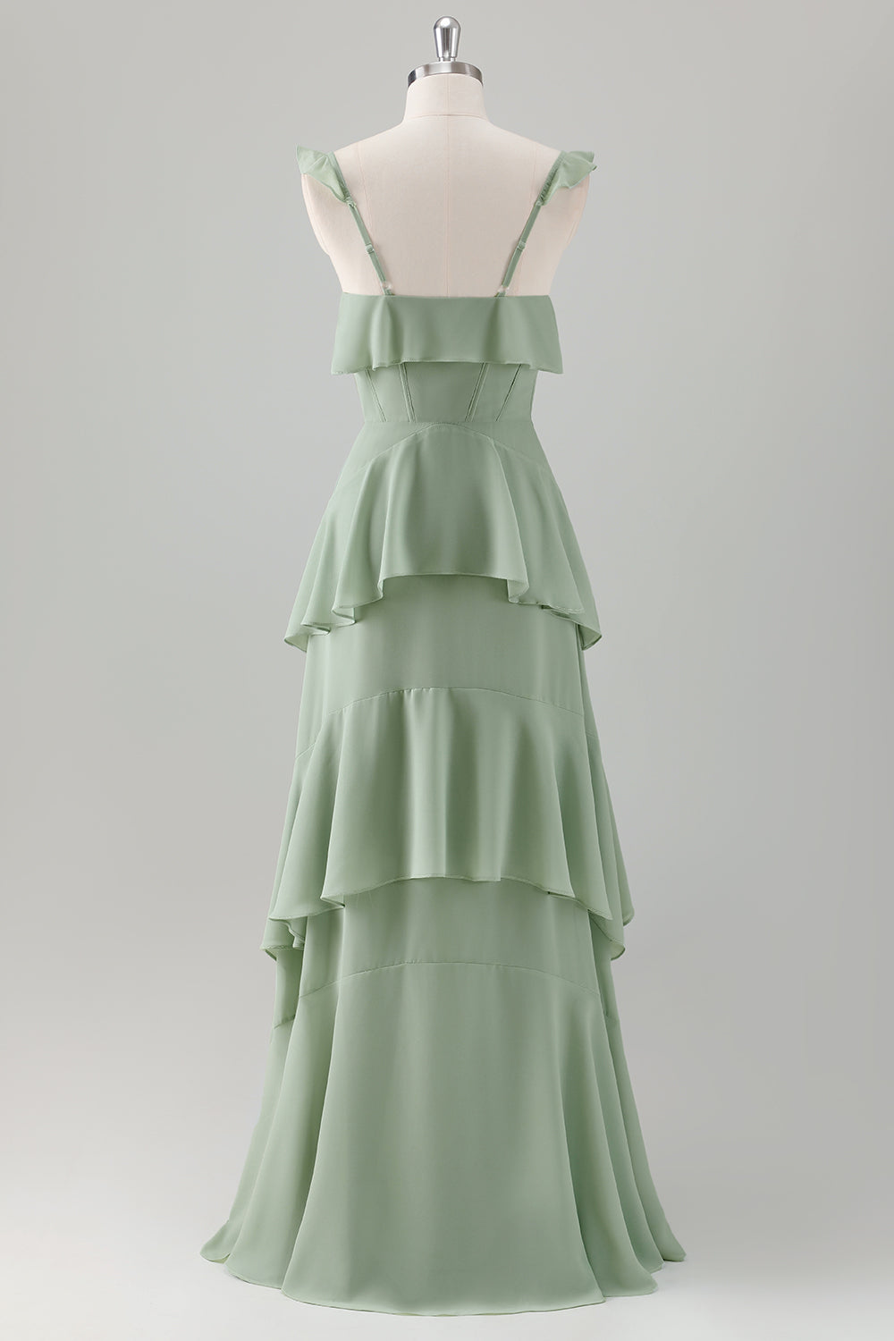 A Line Light Green Corset Tiered Ruffles Chiffon Maxi Dress
