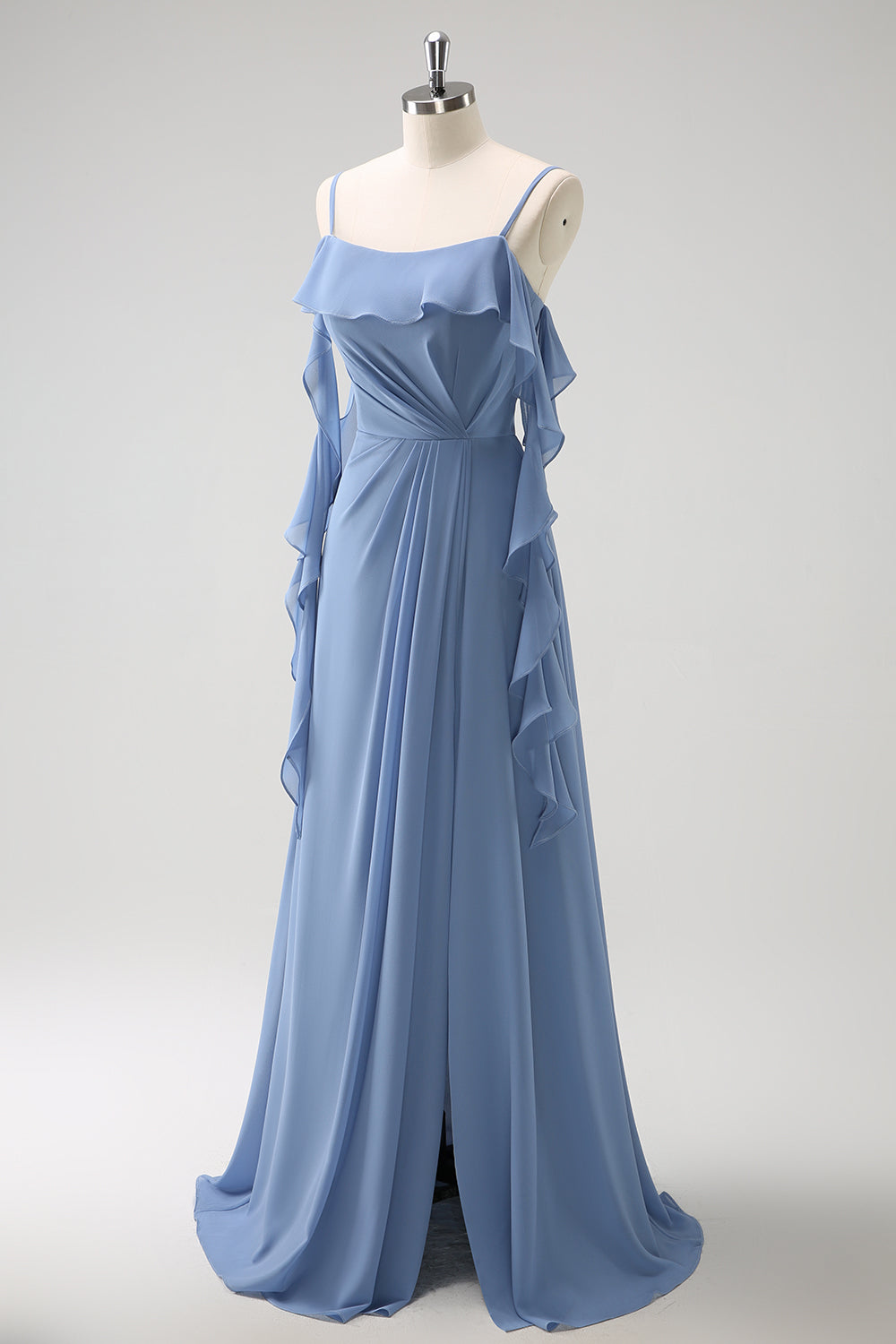Grey Blue A Line Spaghetti Straps Chiffon Long Bridesmaid Dress with Slit